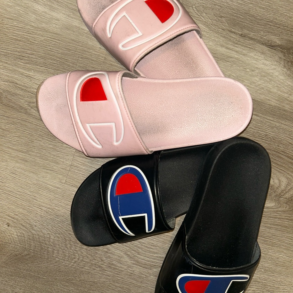Champion Slide Sandals Pink and Black with Iconic Logo
